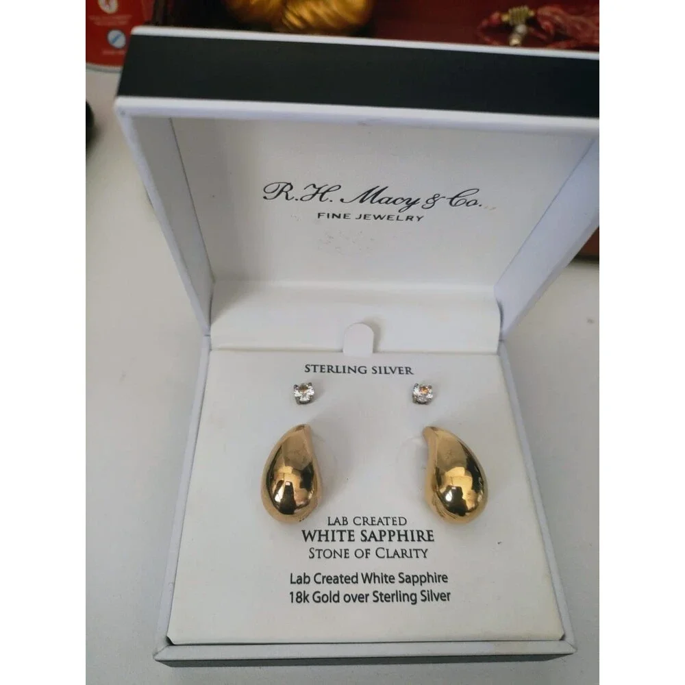 R.H. Macy & Co Lab Grown White Sapphire Stud Earrings Set 14K GP Sterling Silver
